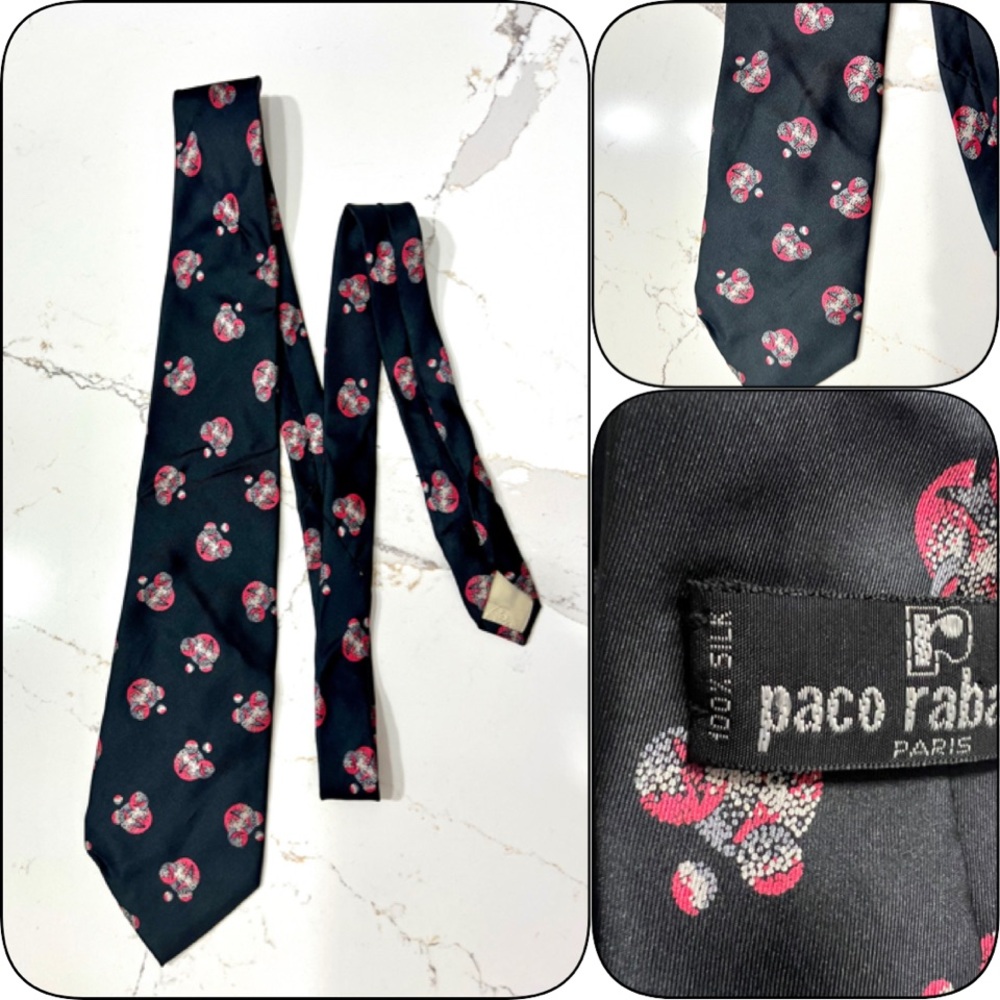 Vintage Paco Rabanne Paris Silk Tie Black Red Novelty Print